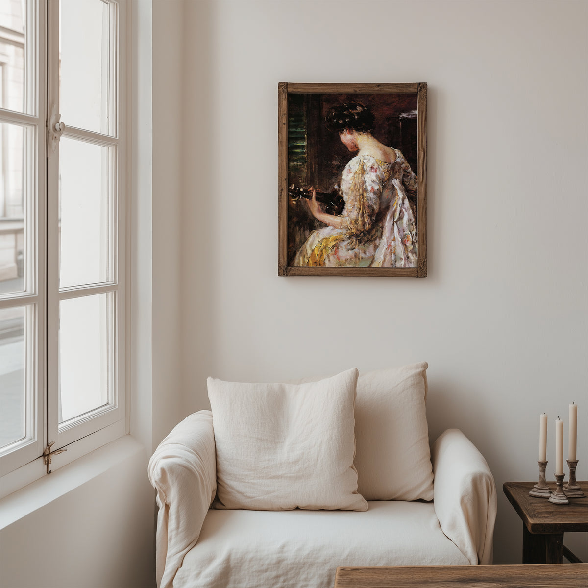 The Mandolin Player by James Carroll Beckwith, framed print mockup 2
