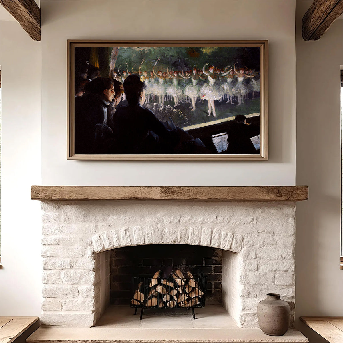 The White Ballet by Everett Shinn, framed above a fireplace